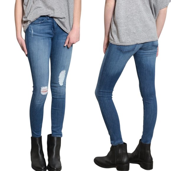 3X1 NYC W2 Distressed Mid-Rise Skinny Jeans in Crete Dark Wash Denim Size 24 - Picture 1 of 14